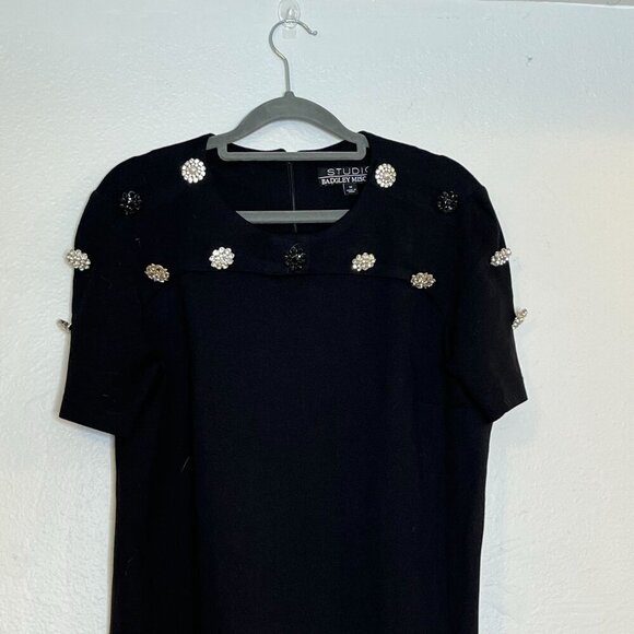 Badgley Mishka Studio Little Black Shift Dress‎ Rhinestone Button Details Medium - Picture 2 of 9